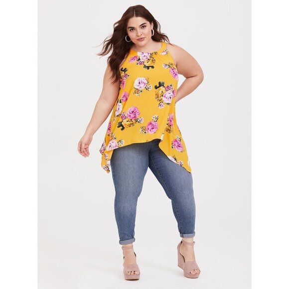 Torrid Top Size 2 2X Georgette High Neck Tank Yellow Pink Floral Asymmetrical - Picture 12 of 12